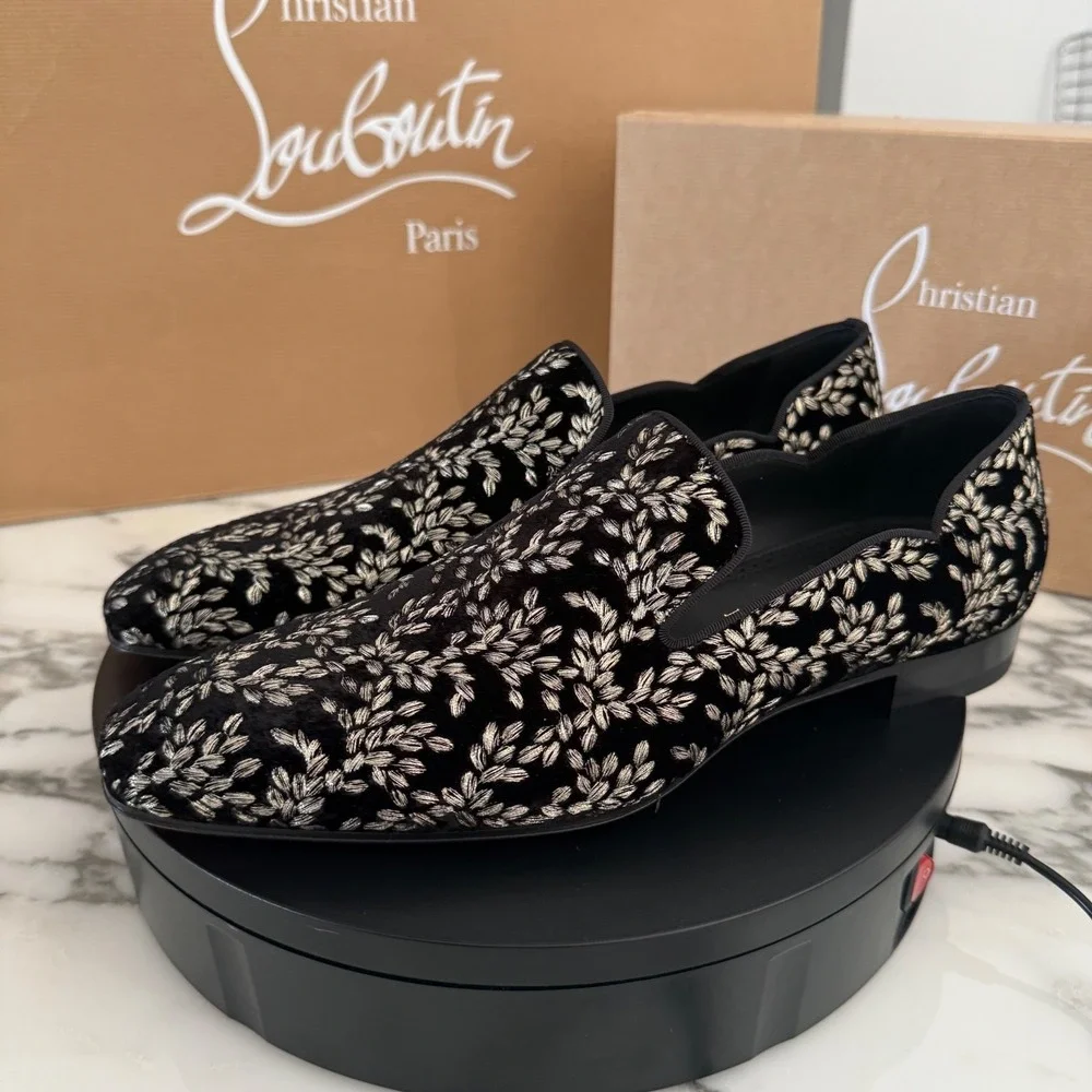 Christian Louboutin 1240896 Dandy Chick Orlato Shoe, Embroidered Black Velvet 42